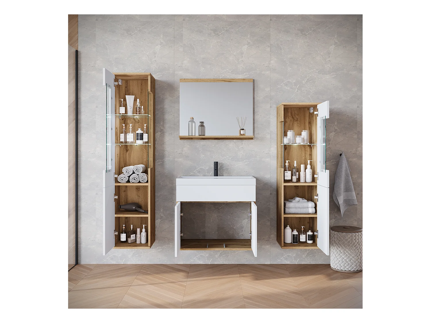 Ensemble suspendu avec lavabo, miroir et éléments en verre, corps chêne wotan, façades blanc brillant