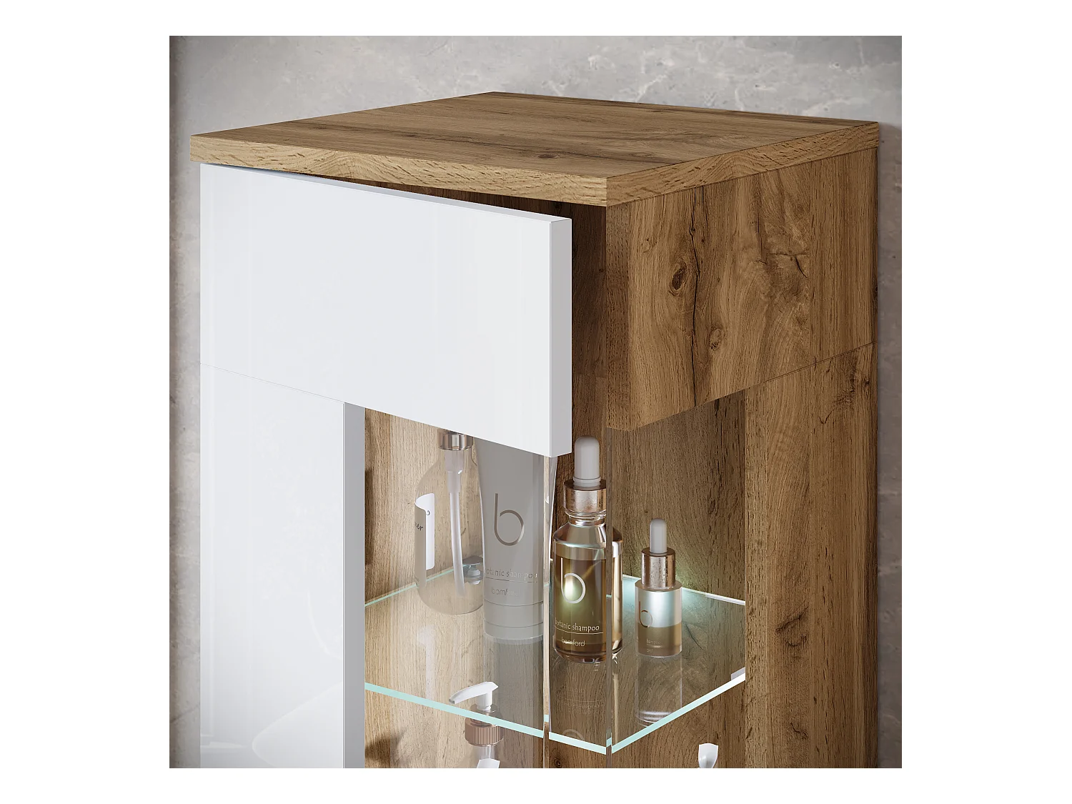 Ensemble suspendu avec lavabo, miroir et éléments en verre, corps chêne wotan, façades blanc brillant