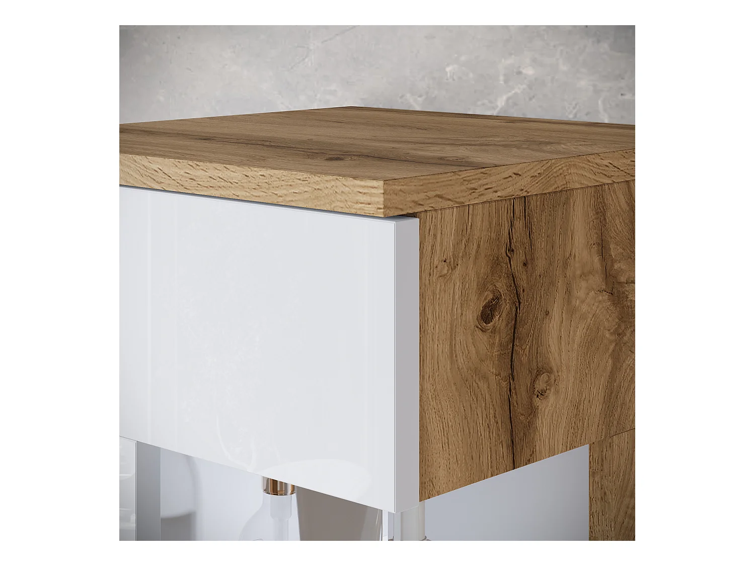 Ensemble suspendu avec lavabo, miroir et éléments en verre, corps chêne wotan, façades blanc brillant