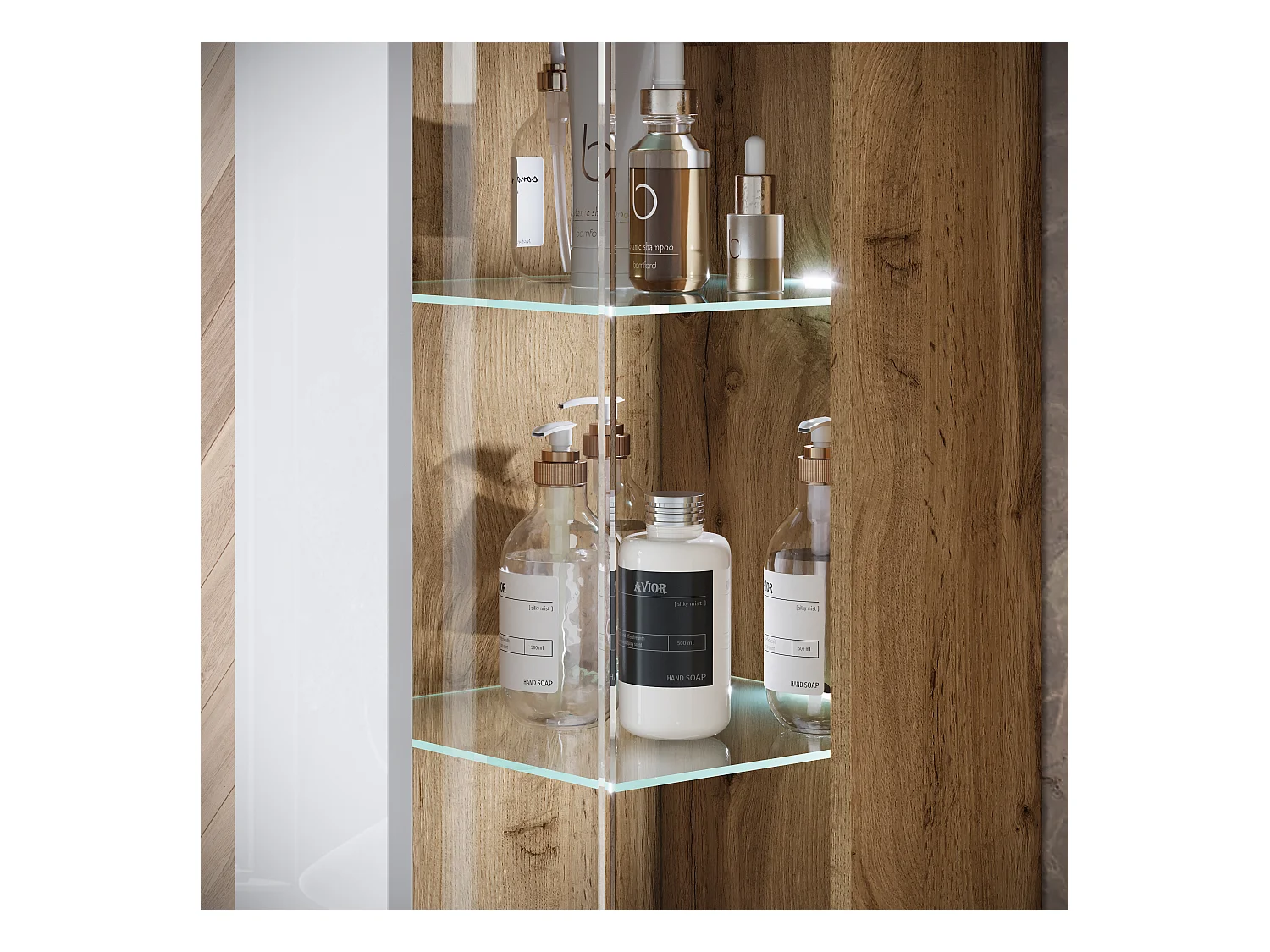 Ensemble suspendu avec lavabo, miroir et éléments en verre, corps chêne wotan, façades blanc brillant