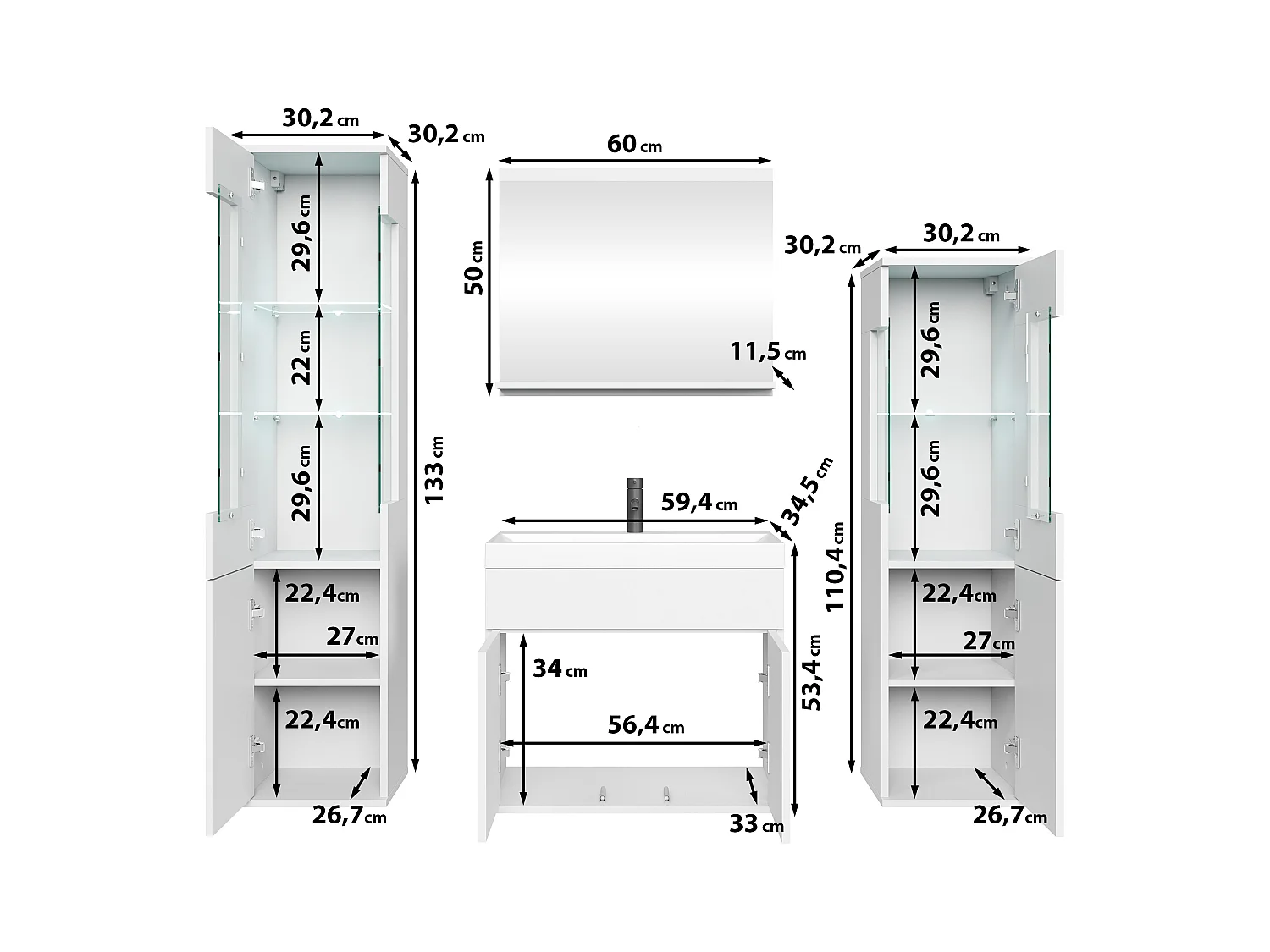 Ensemble suspendu avec lavabo, miroir et éléments en verre, corps chêne wotan, façades blanc brillant