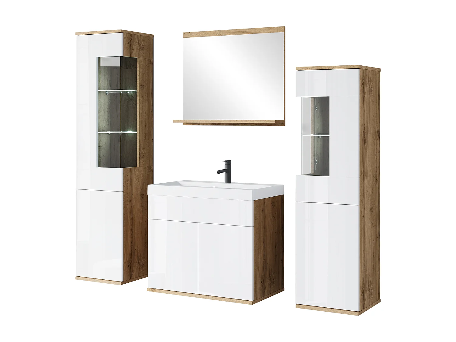 Ensemble suspendu avec lavabo, miroir et éléments en verre, corps chêne wotan, façades blanc brillant