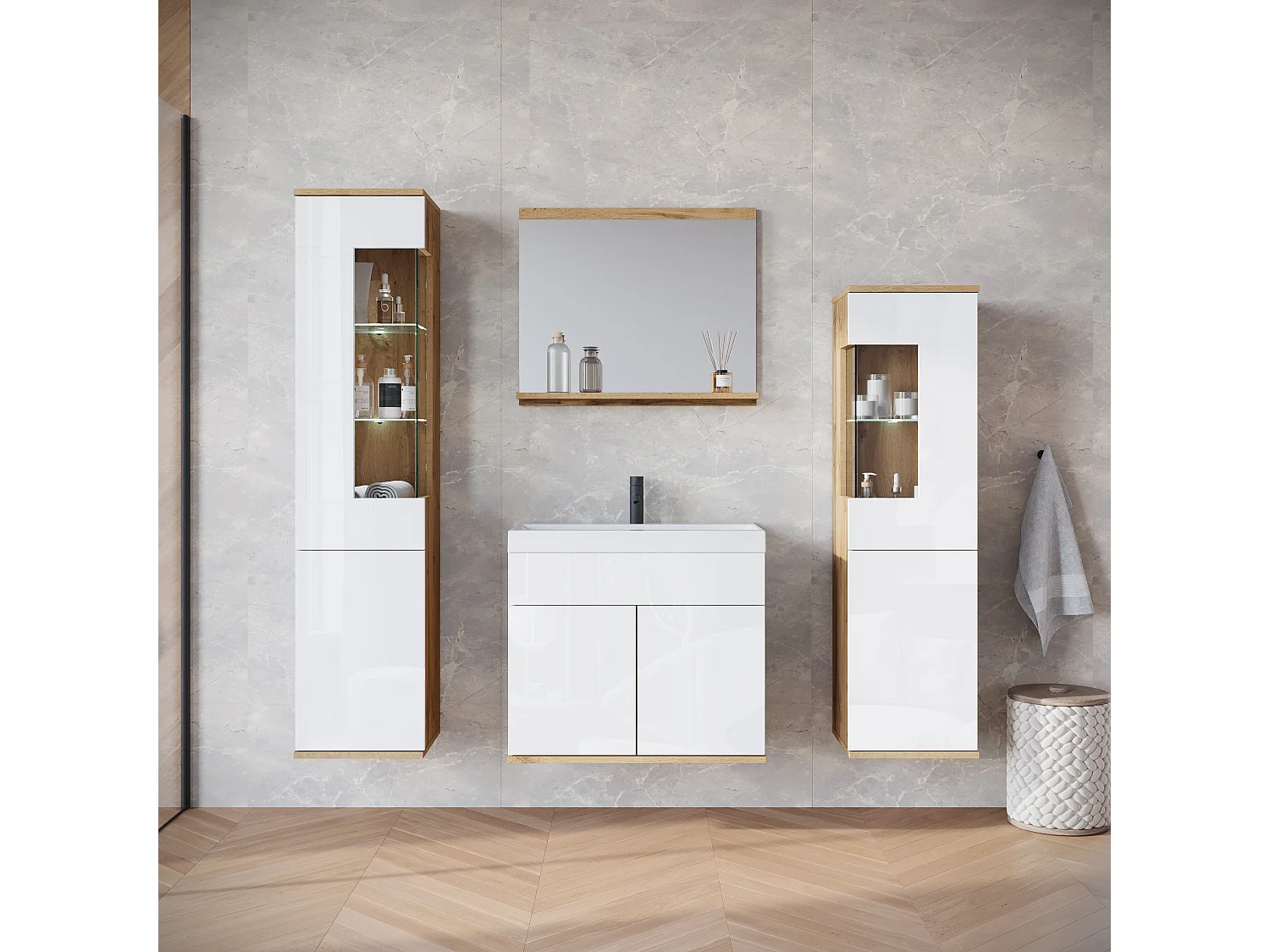 Ensemble suspendu avec lavabo, miroir et éléments en verre, corps chêne wotan, façades blanc brillant