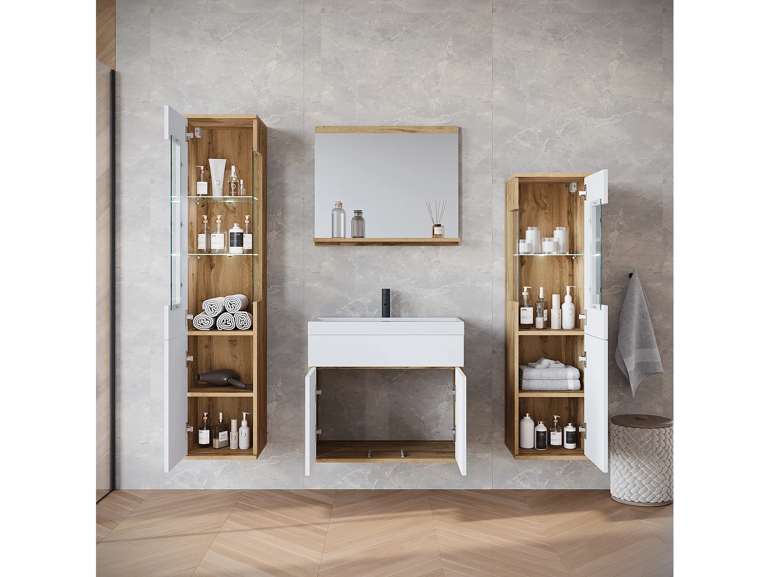 Ensemble suspendu avec lavabo, miroir et éléments en verre, corps chêne wotan, façades blanc brillant