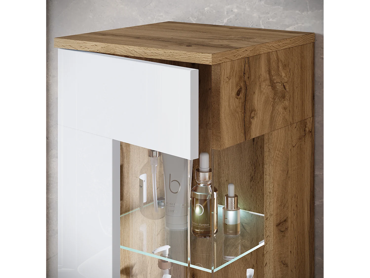 Ensemble suspendu avec lavabo, miroir et éléments en verre, corps chêne wotan, façades blanc brillant