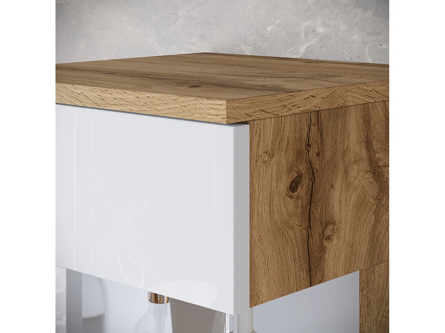 Ensemble suspendu avec lavabo, miroir et éléments en verre, corps chêne wotan, façades blanc brillant