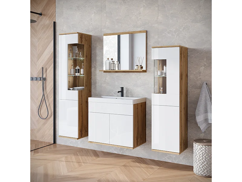 Hangend meubelset met wastafel, spiegel en glaselementen, romp eiken wotan, fronten wit hoogglans