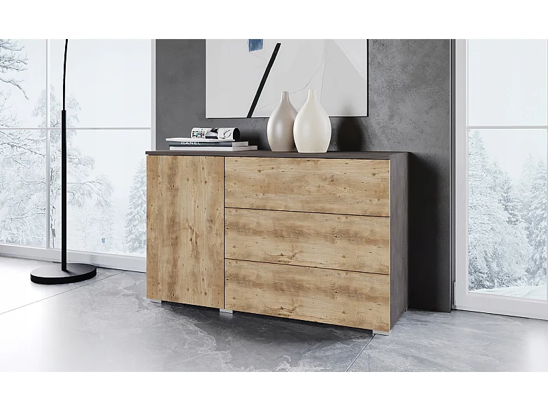 Cômoda moderna 110 cm para sala – cômoda com 3 gavetas e 1 porta, corpo carvalho Matera, frentes castanheiro mate