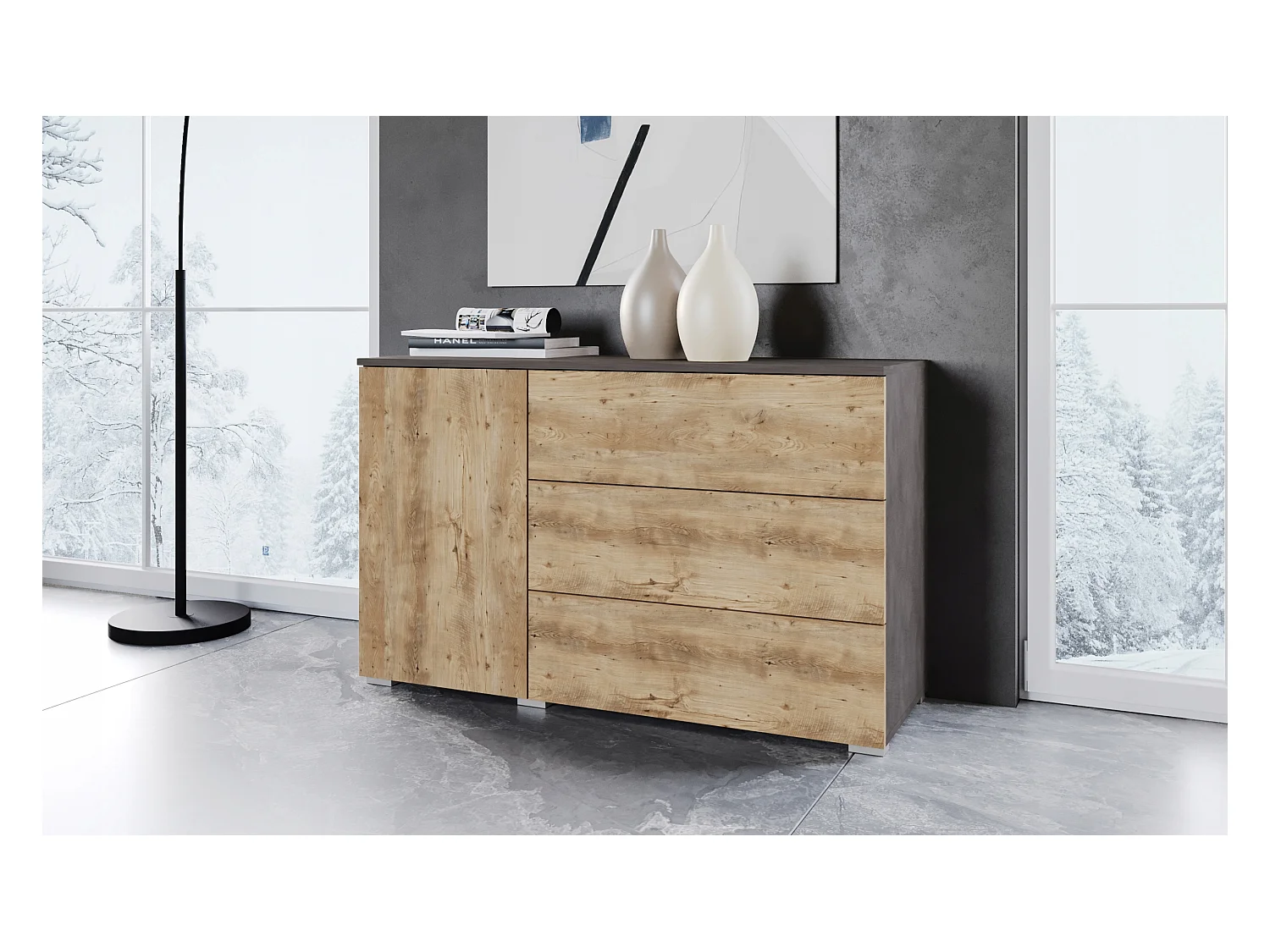 Commode moderne 110 cm pour salon – commode avec 3 tiroirs et 1 porte, corps chêne Matera, façades châtaignier mat
