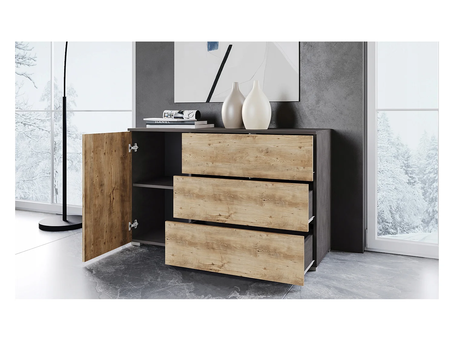 Commode moderne 110 cm pour salon – commode avec 3 tiroirs et 1 porte, corps chêne Matera, façades châtaignier mat