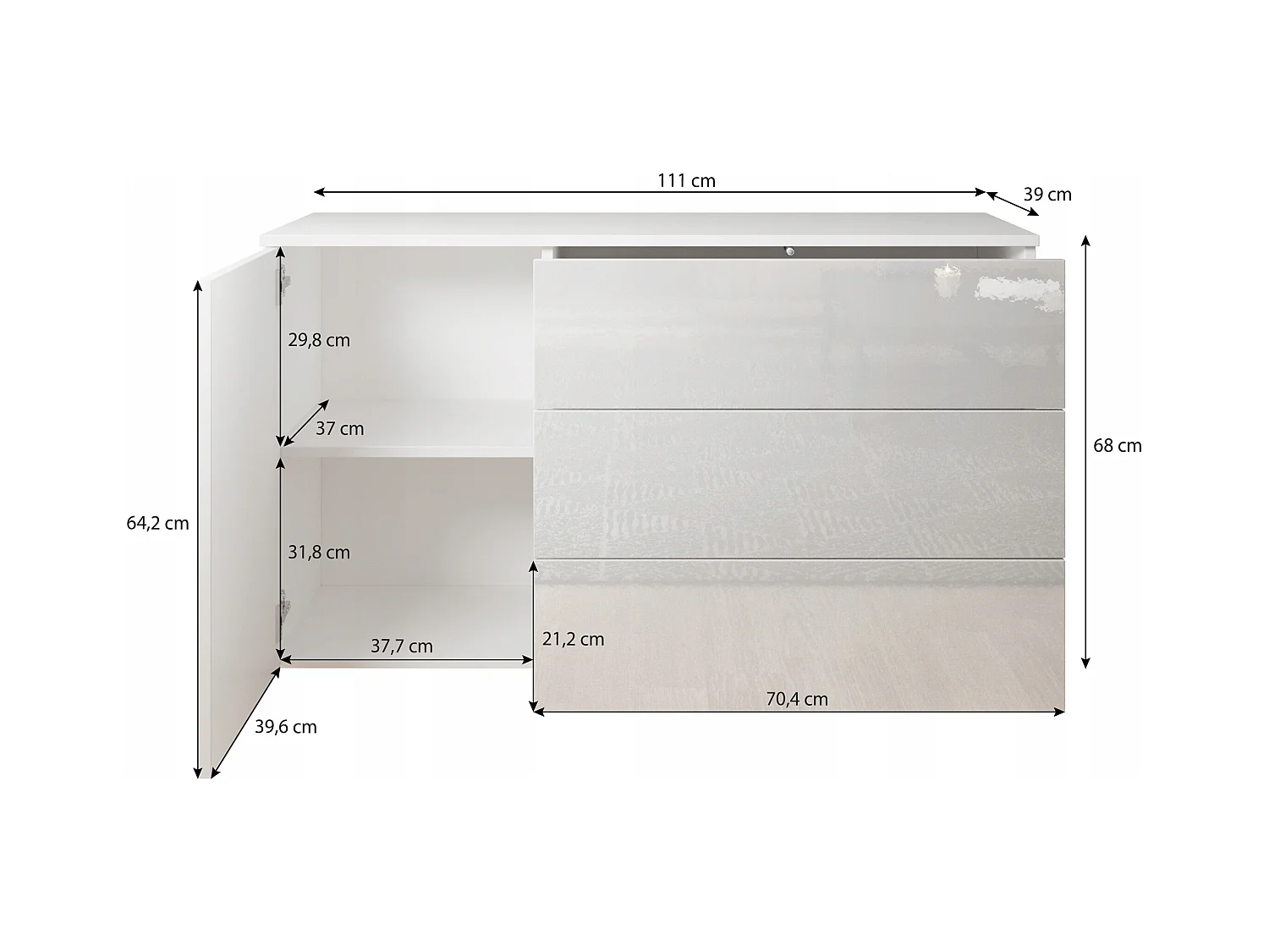 Commode moderne 110 cm pour salon – commode avec 3 tiroirs et 1 porte, corps chêne Matera, façades châtaignier mat