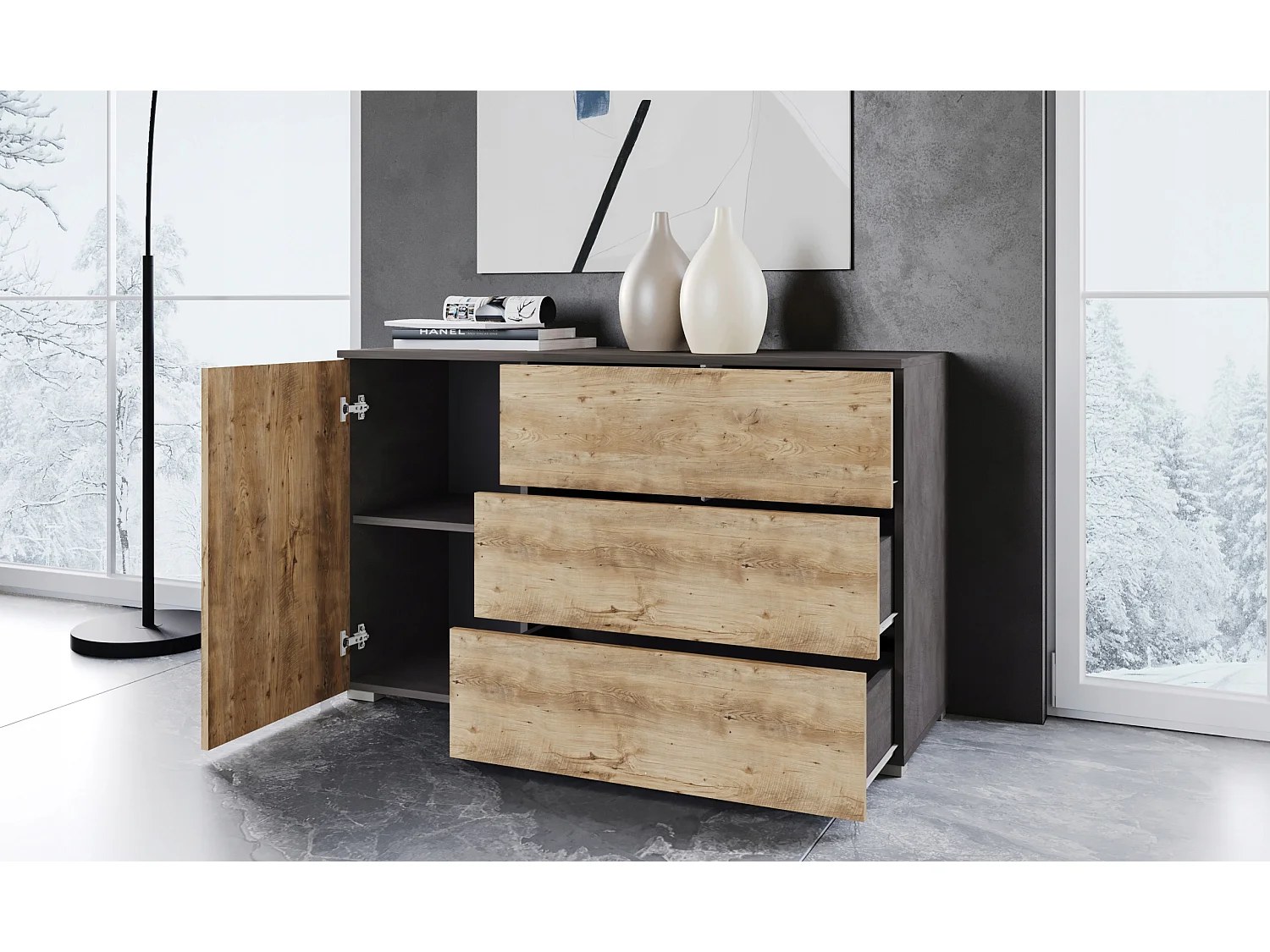 Commode moderne 110 cm pour salon – commode avec 3 tiroirs et 1 porte, corps chêne Matera, façades châtaignier mat