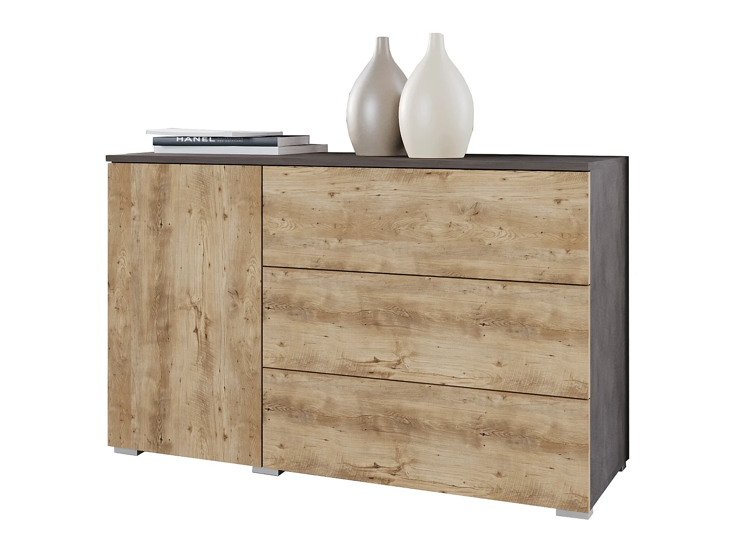 Commode moderne 110 cm pour salon – commode avec 3 tiroirs et 1 porte, corps chêne Matera, façades châtaignier mat