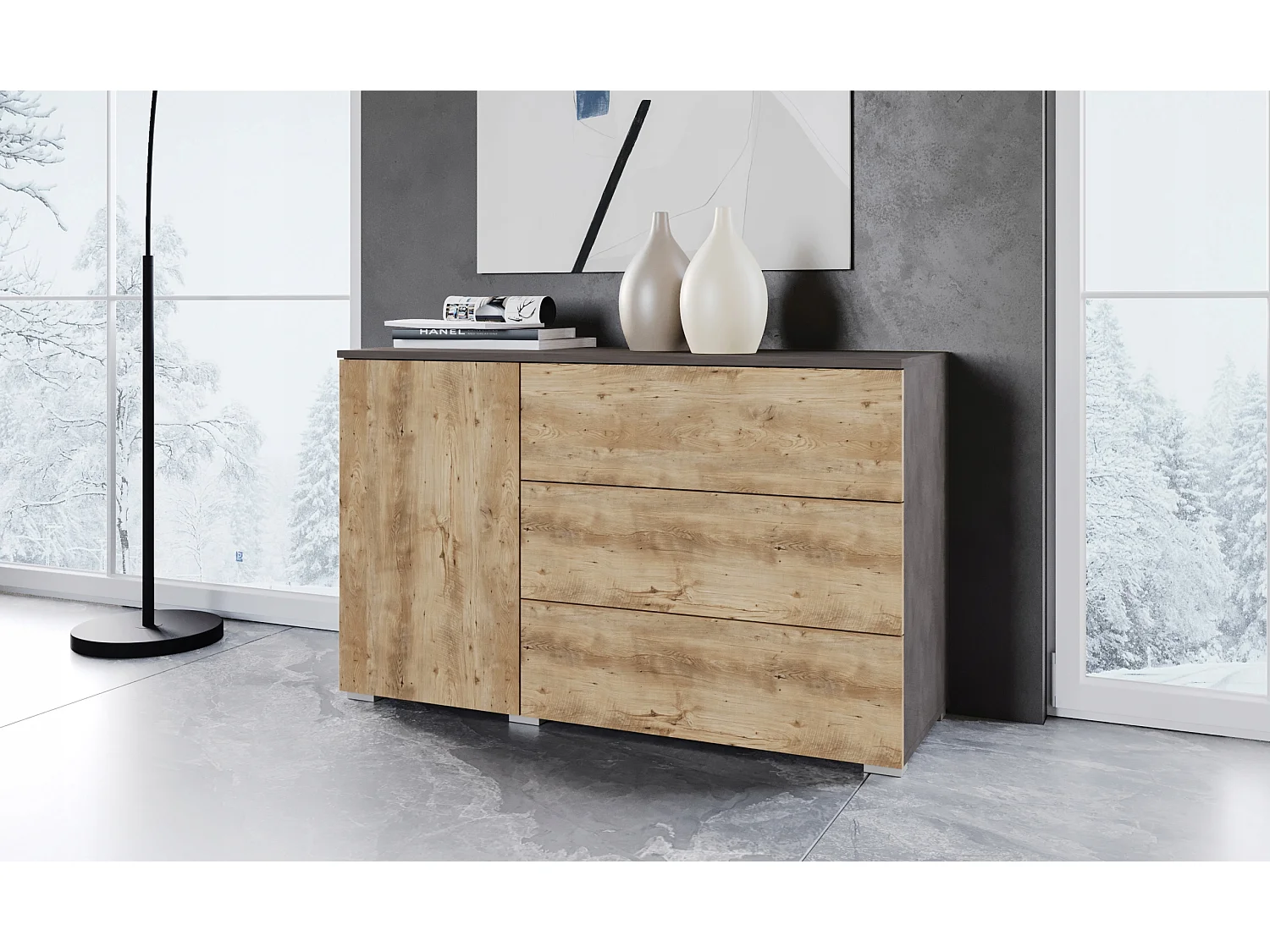 Commode moderne 110 cm pour salon – commode avec 3 tiroirs et 1 porte, corps chêne Matera, façades châtaignier mat
