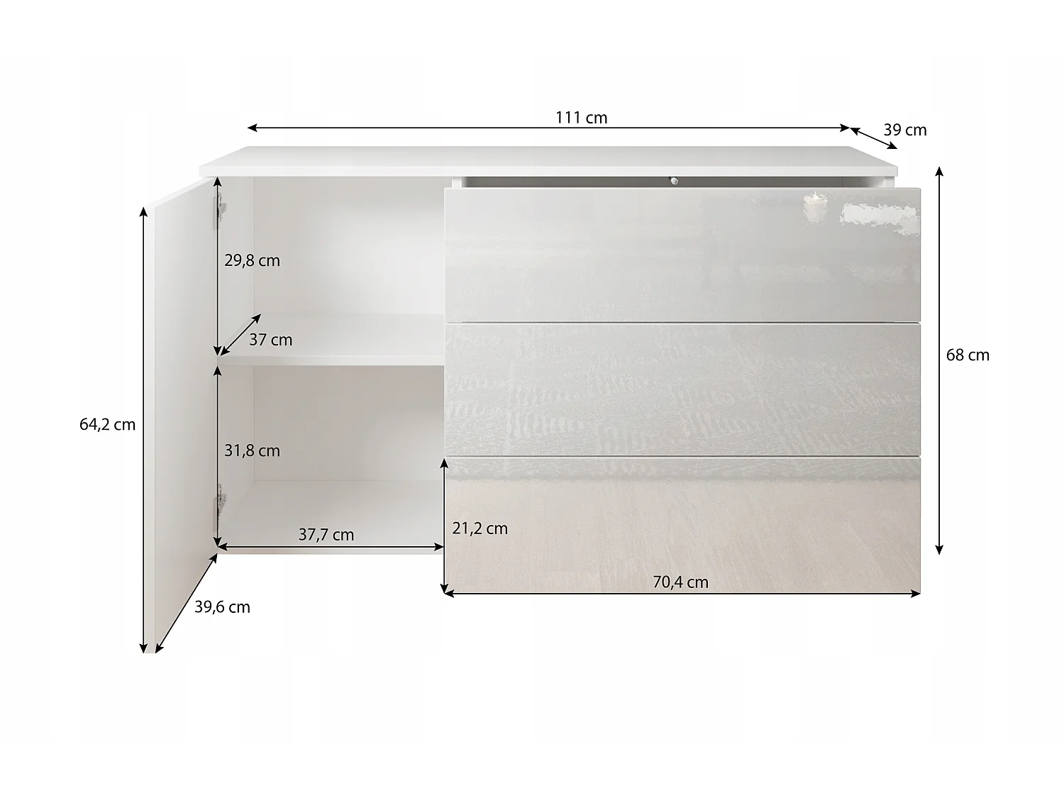 Commode moderne 110 cm pour salon – commode avec 3 tiroirs et 1 porte, corps chêne Matera, façades châtaignier mat