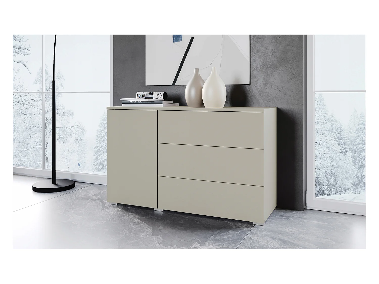 Commode moderne 110 cm pour salon – commode avec 3 tiroirs et 1 porte, beige cachemire mat