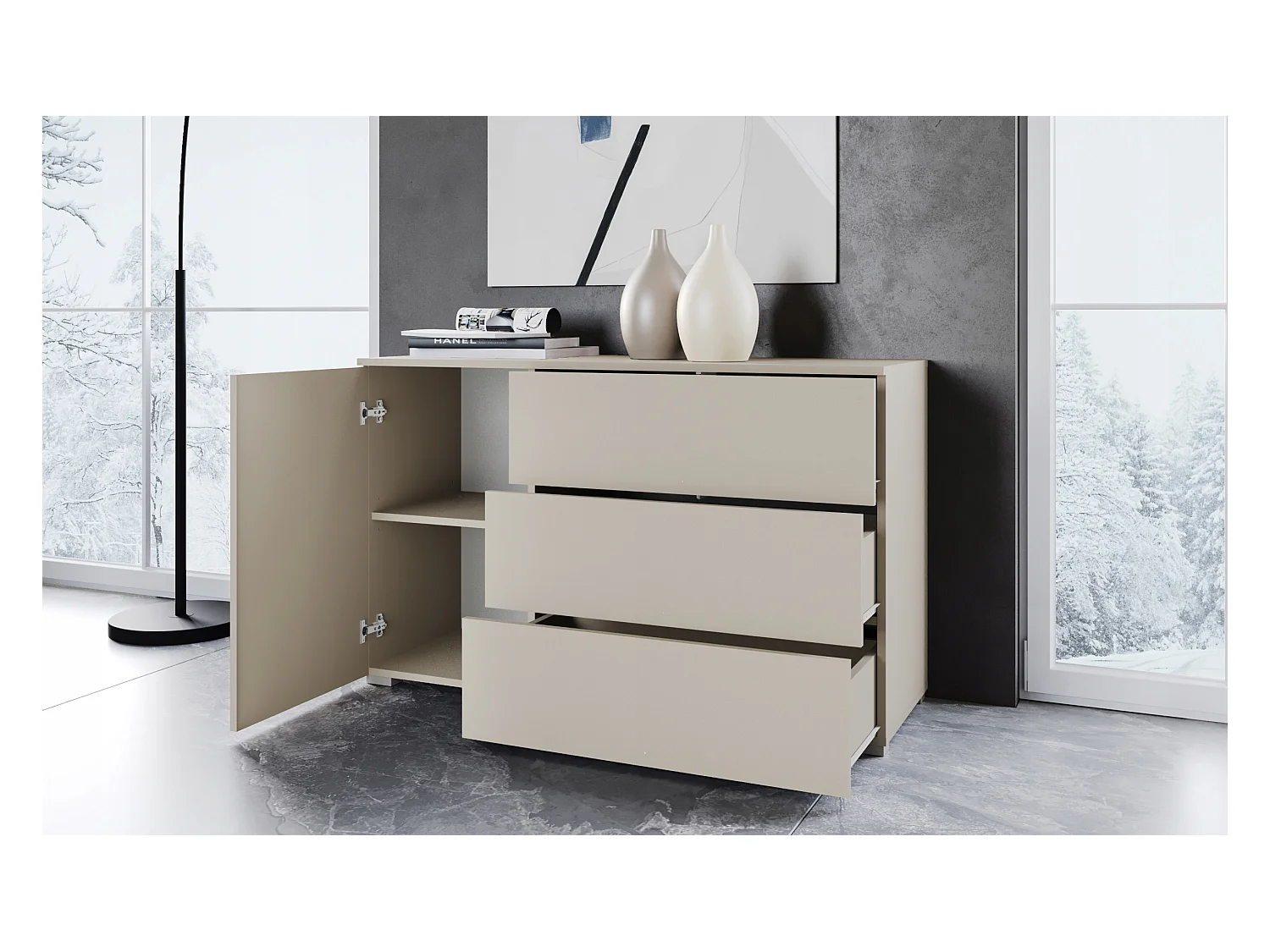 Commode moderne 110 cm pour salon – commode avec 3 tiroirs et 1 porte, beige cachemire mat