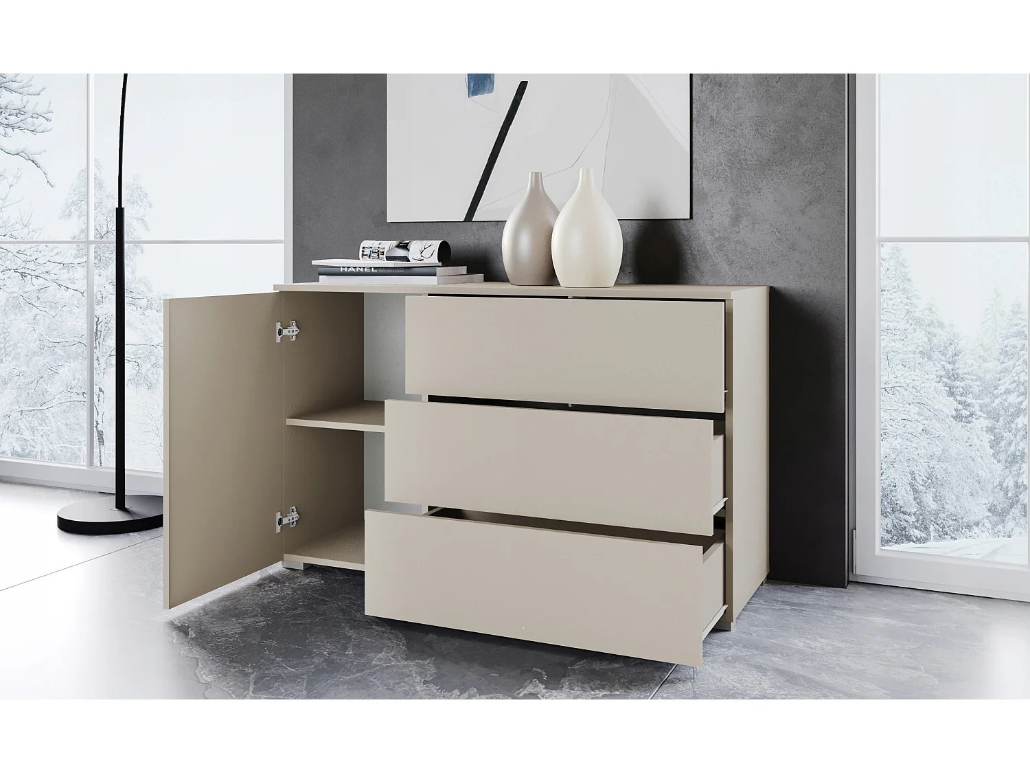 Commode moderne 110 cm pour salon – commode avec 3 tiroirs et 1 porte, beige cachemire mat