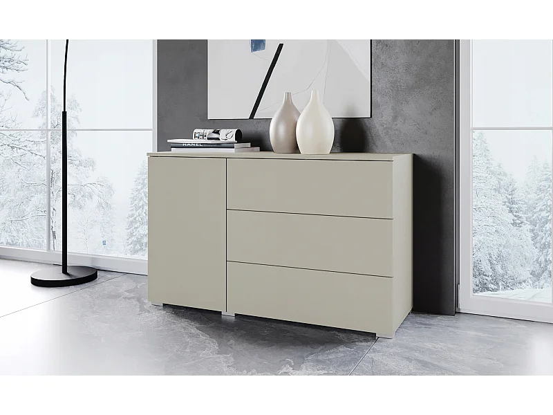 Commode moderne 110 cm pour salon – commode avec 3 tiroirs et 1 porte, beige cachemire mat