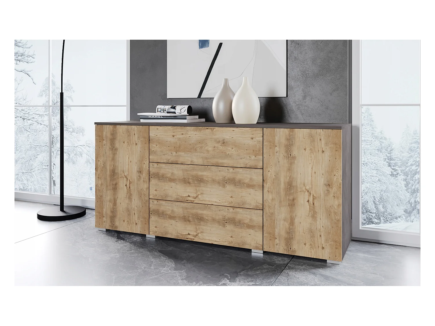 Commode moderne 150 cm pour salon – commode avec tiroirs et portes, corps chêne Matera, façades châtaignier mat
