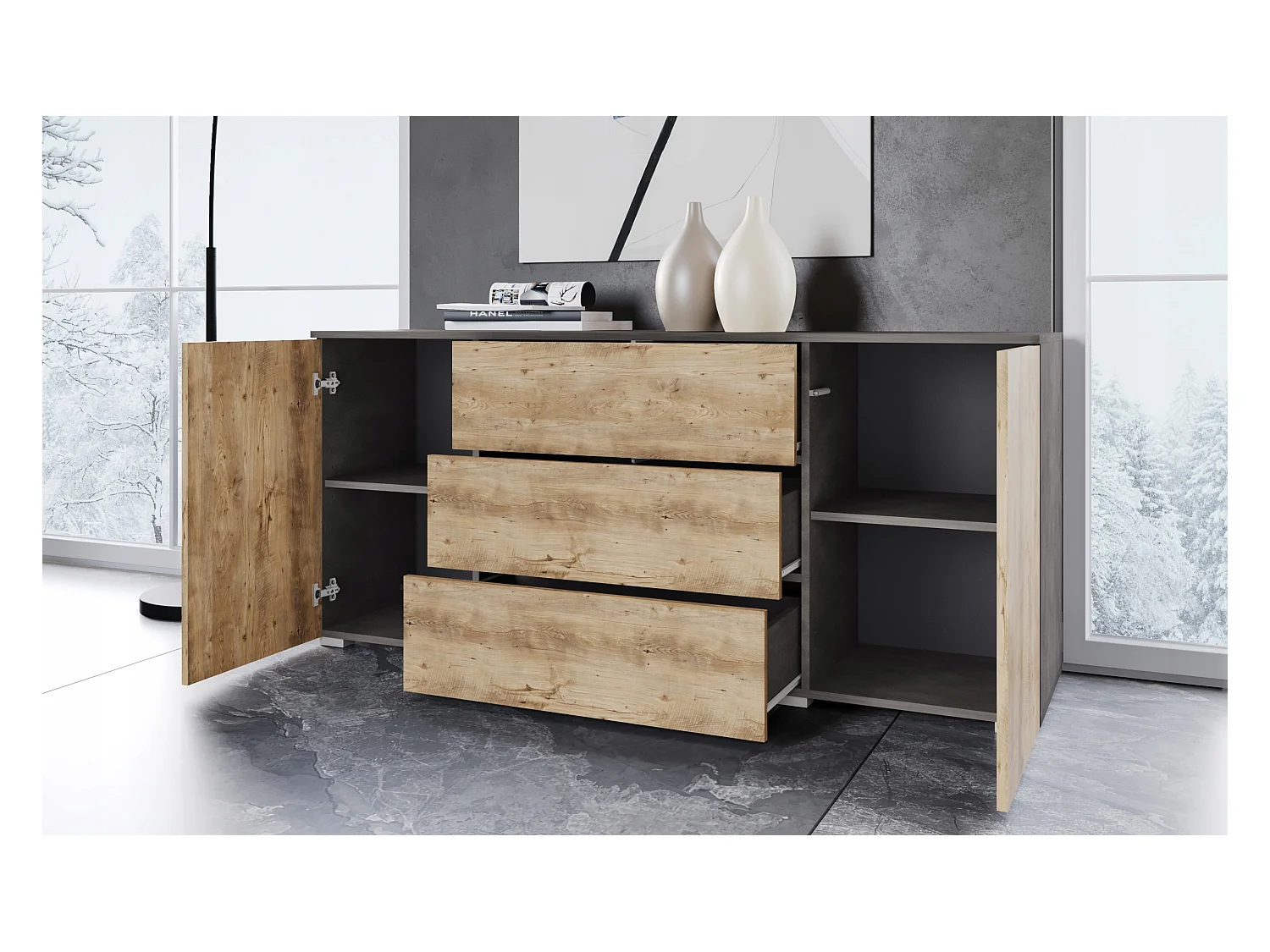 Commode moderne 150 cm pour salon – commode avec tiroirs et portes, corps chêne Matera, façades châtaignier mat