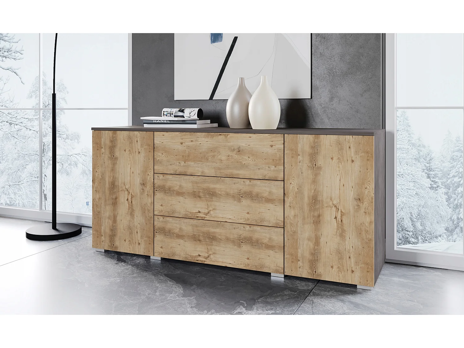 Commode moderne 150 cm pour salon – commode avec tiroirs et portes, corps chêne Matera, façades châtaignier mat