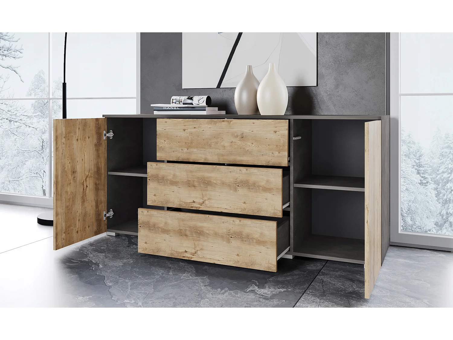 Commode moderne 150 cm pour salon – commode avec tiroirs et portes, corps chêne Matera, façades châtaignier mat