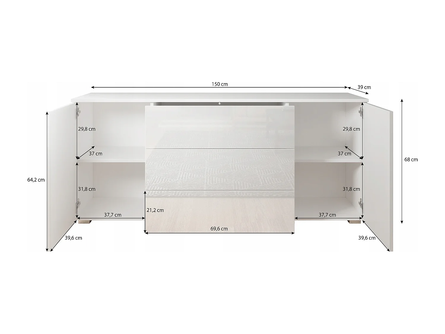Commode moderne 150 cm pour salon – commode avec tiroirs et portes, corps chêne Matera, façades châtaignier mat