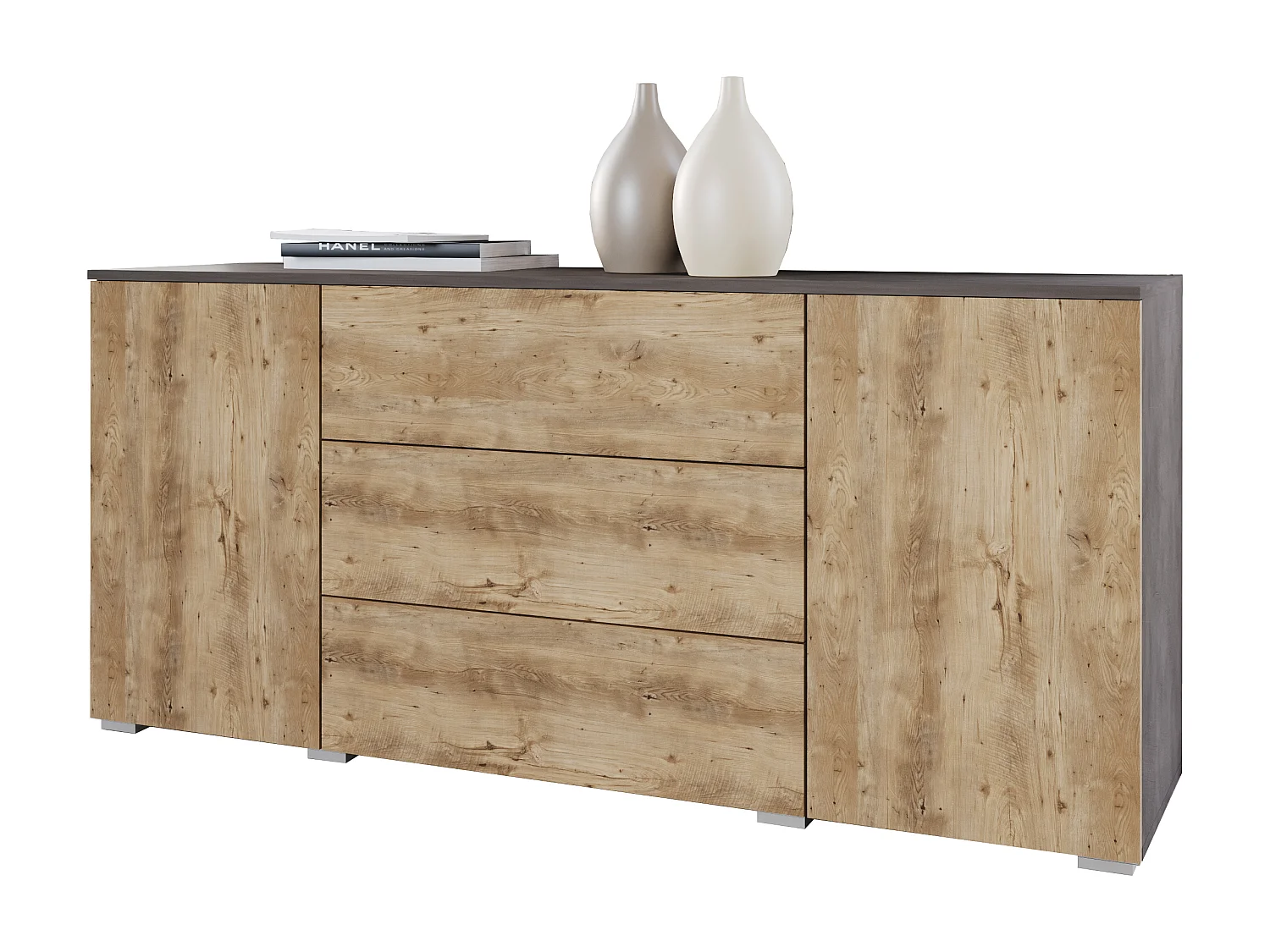 Commode moderne 150 cm pour salon – commode avec tiroirs et portes, corps chêne Matera, façades châtaignier mat