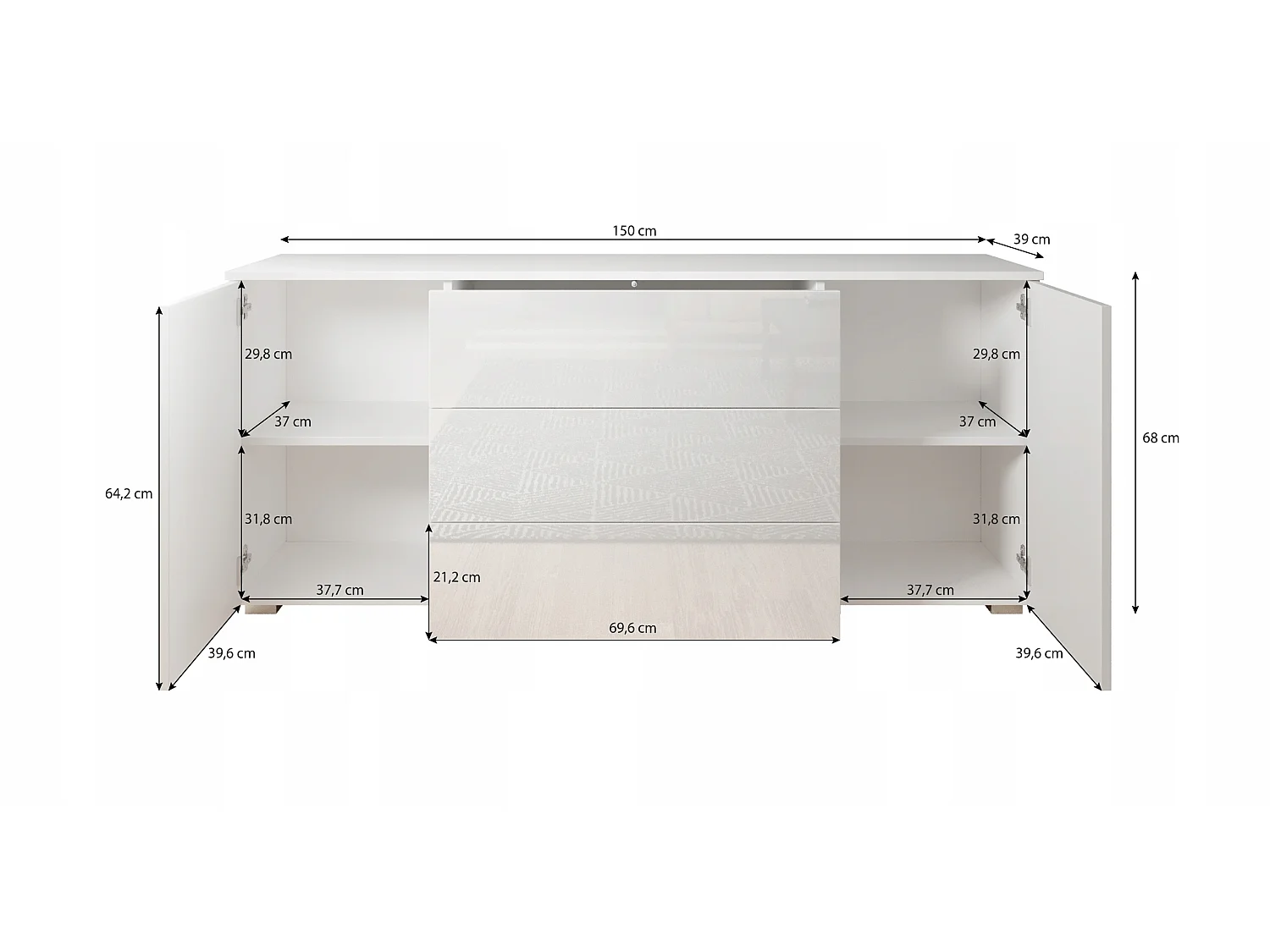 Commode moderne 150 cm pour salon – commode avec tiroirs et portes, corps chêne Matera, façades châtaignier mat