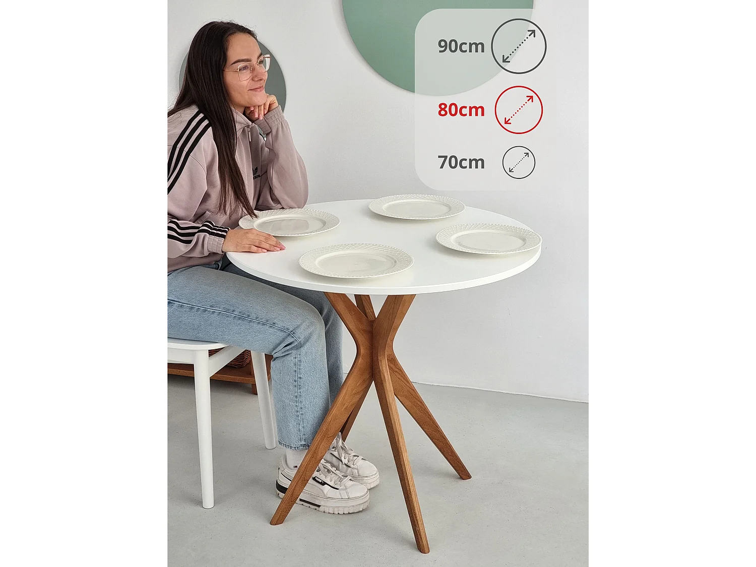 Table à manger ronde 80cm Rose Antique | Pied en frêne teinté chêne