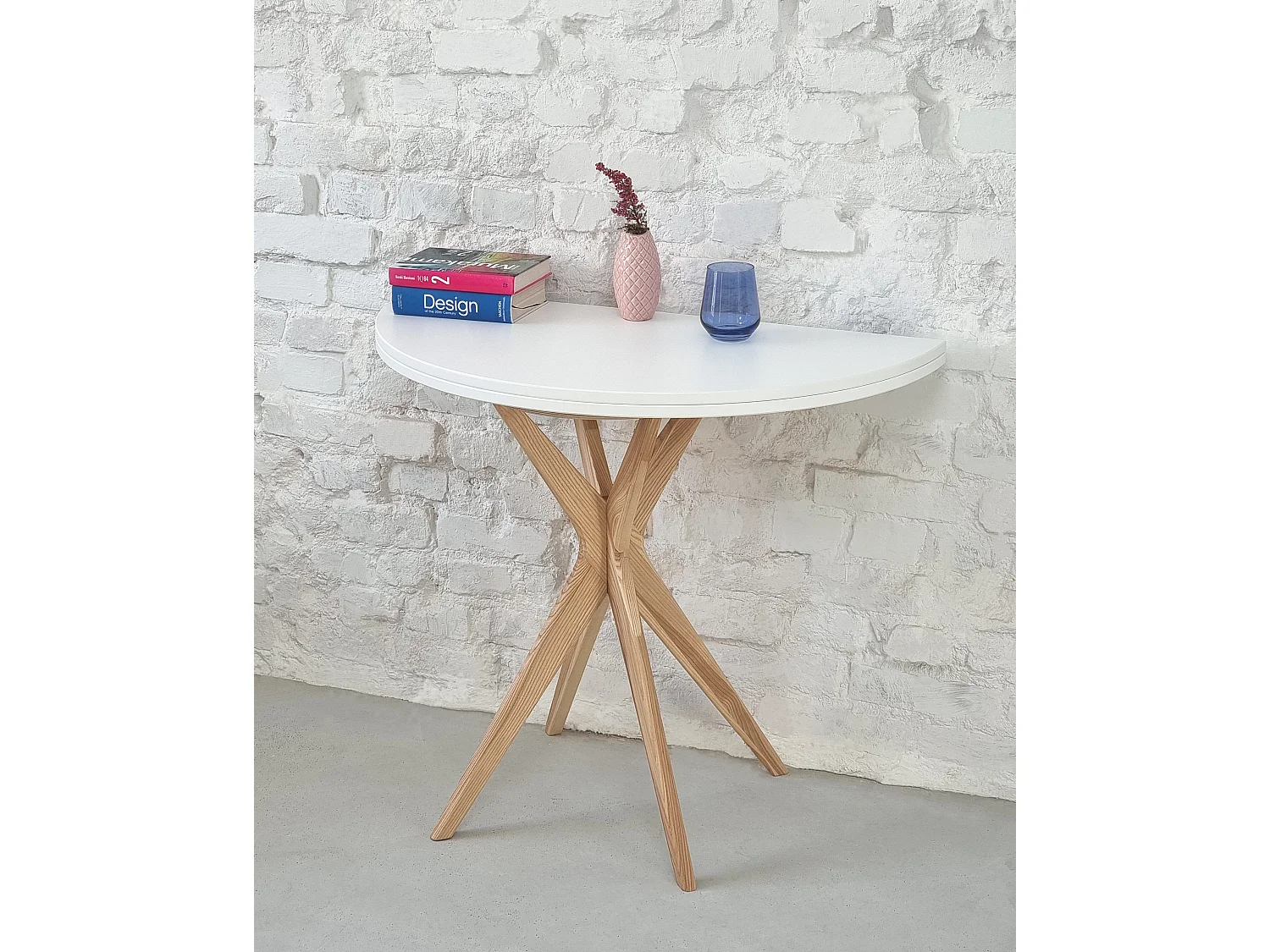 Table de salle à manger demi-ronde extensible 90 cm Jubi Blanche