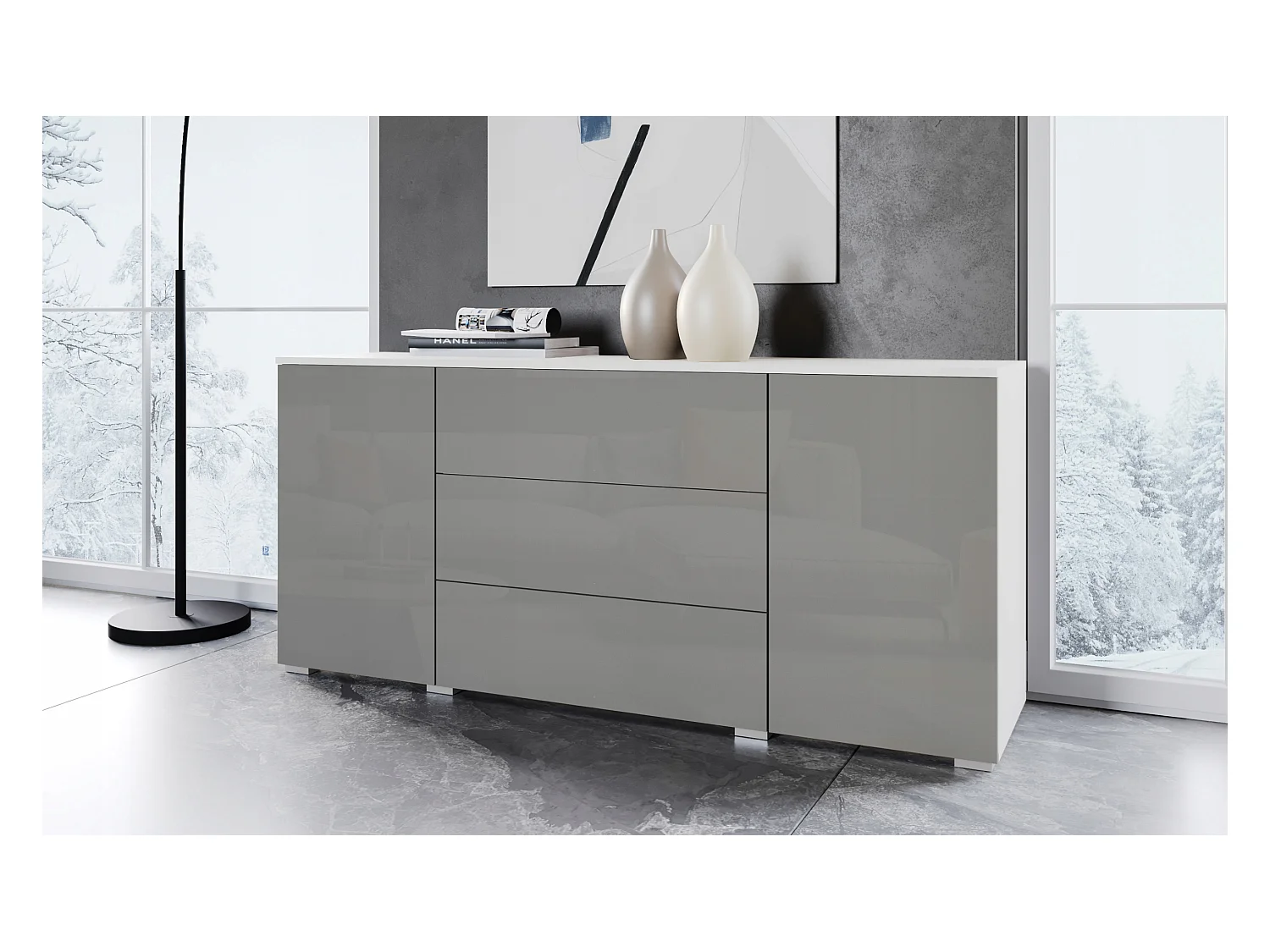 Commode moderne 150 cm pour salon – commode avec tiroirs et portes, corps blanc mat et façades gris brillant
