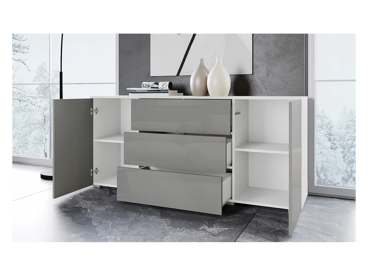 Commode moderne 150 cm pour salon – commode avec tiroirs et portes, corps blanc mat et façades gris brillant