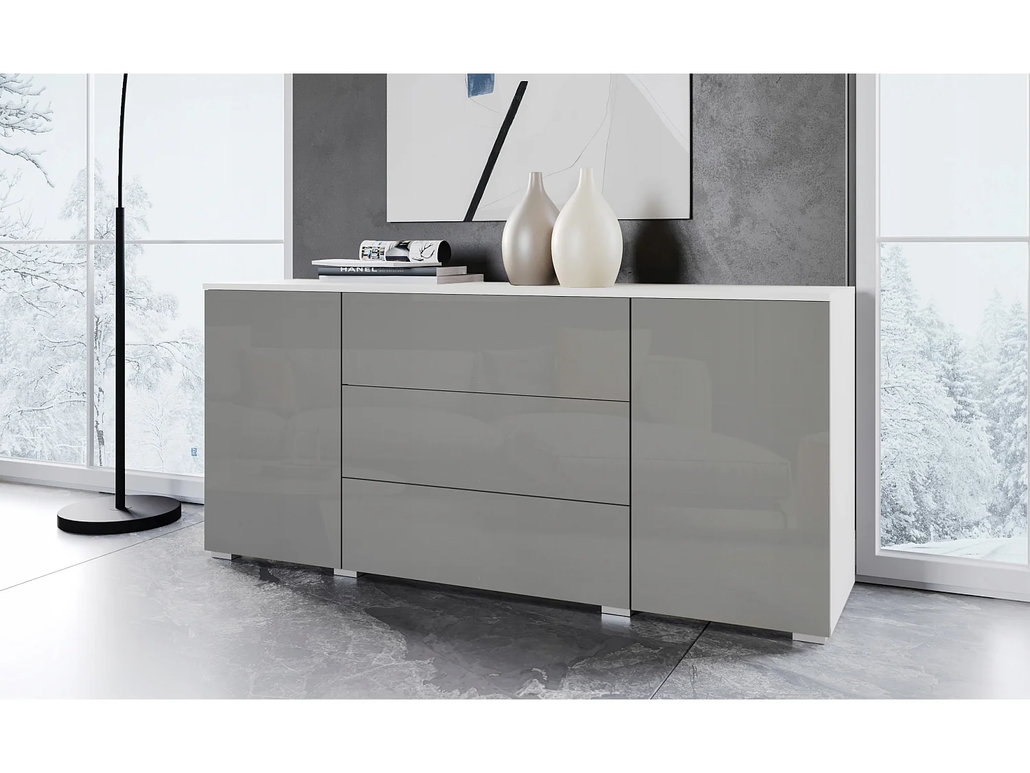 Commode moderne 150 cm pour salon – commode avec tiroirs et portes, corps blanc mat et façades gris brillant