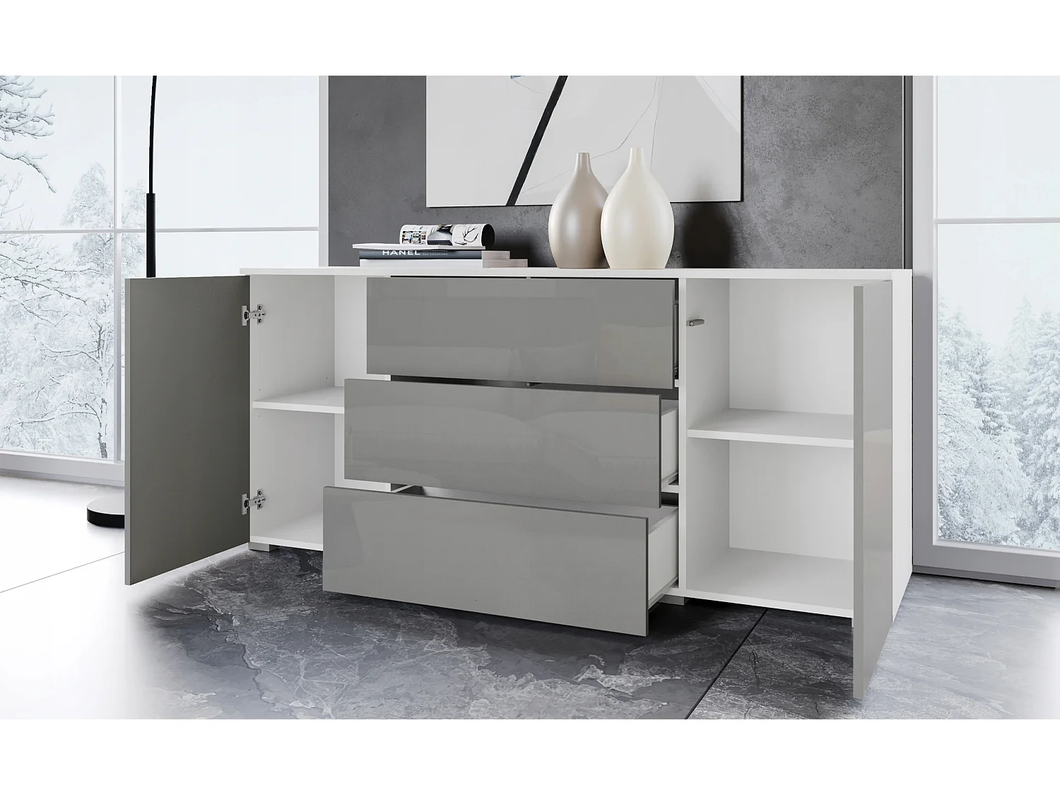 Commode moderne 150 cm pour salon – commode avec tiroirs et portes, corps blanc mat et façades gris brillant