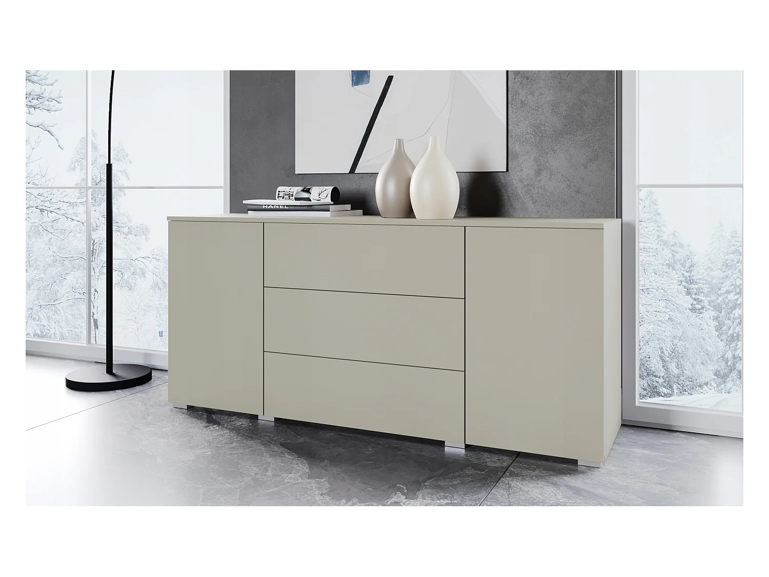 Commode moderne 150 cm pour salon – commode avec tiroirs et portes, beige cachemire mat