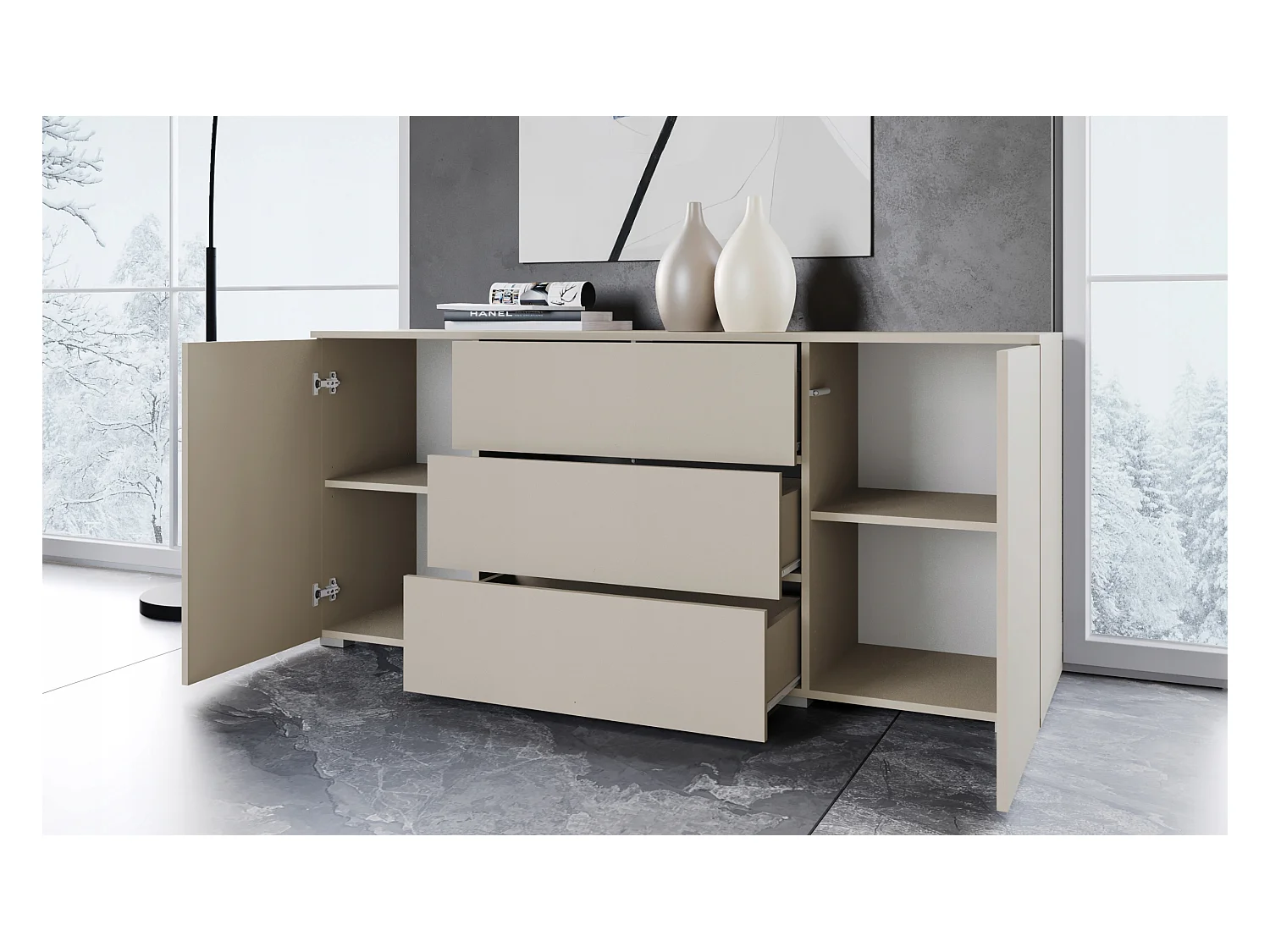 Commode moderne 150 cm pour salon – commode avec tiroirs et portes, beige cachemire mat