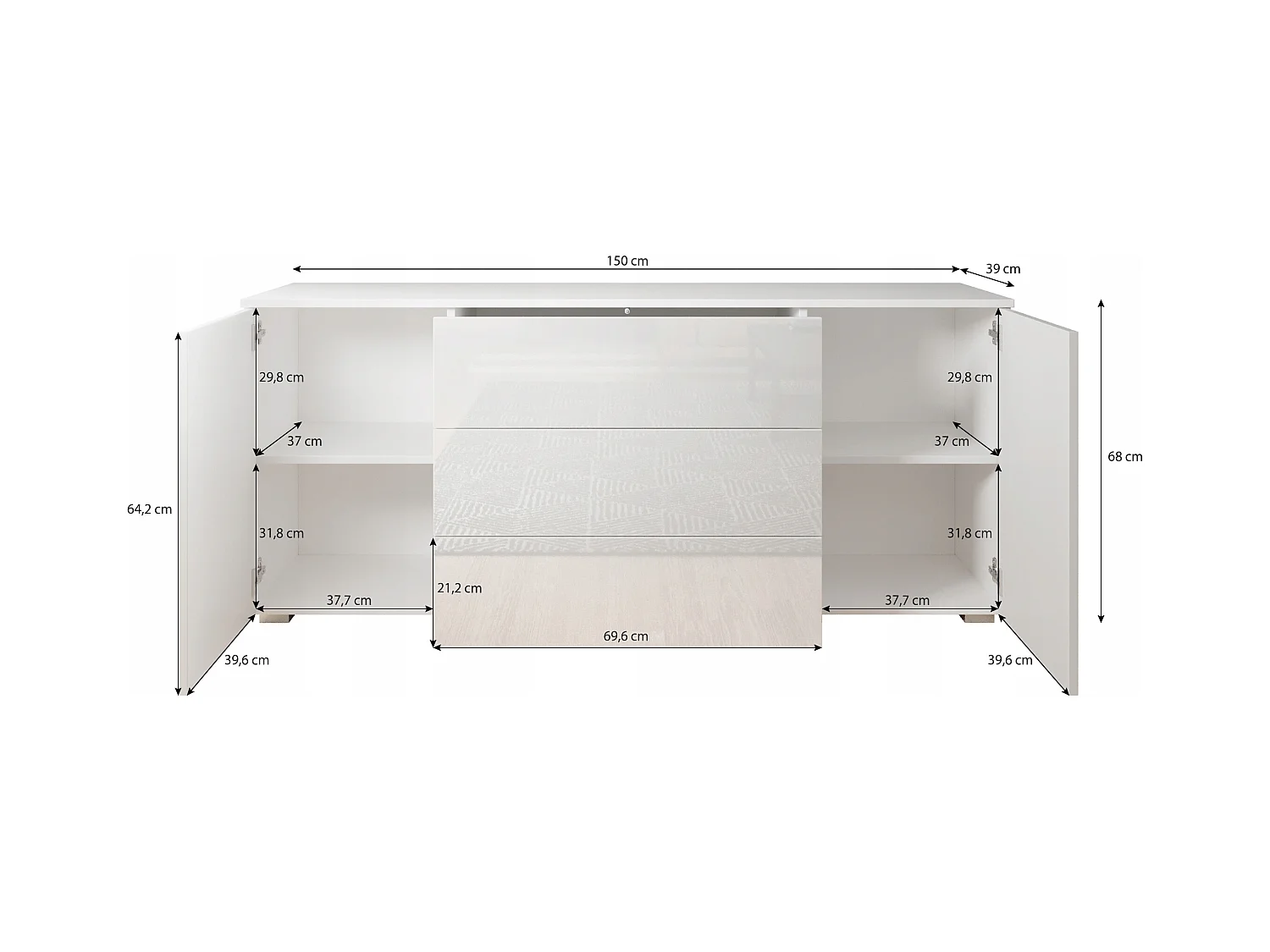 Commode moderne 150 cm pour salon – commode avec tiroirs et portes, beige cachemire mat