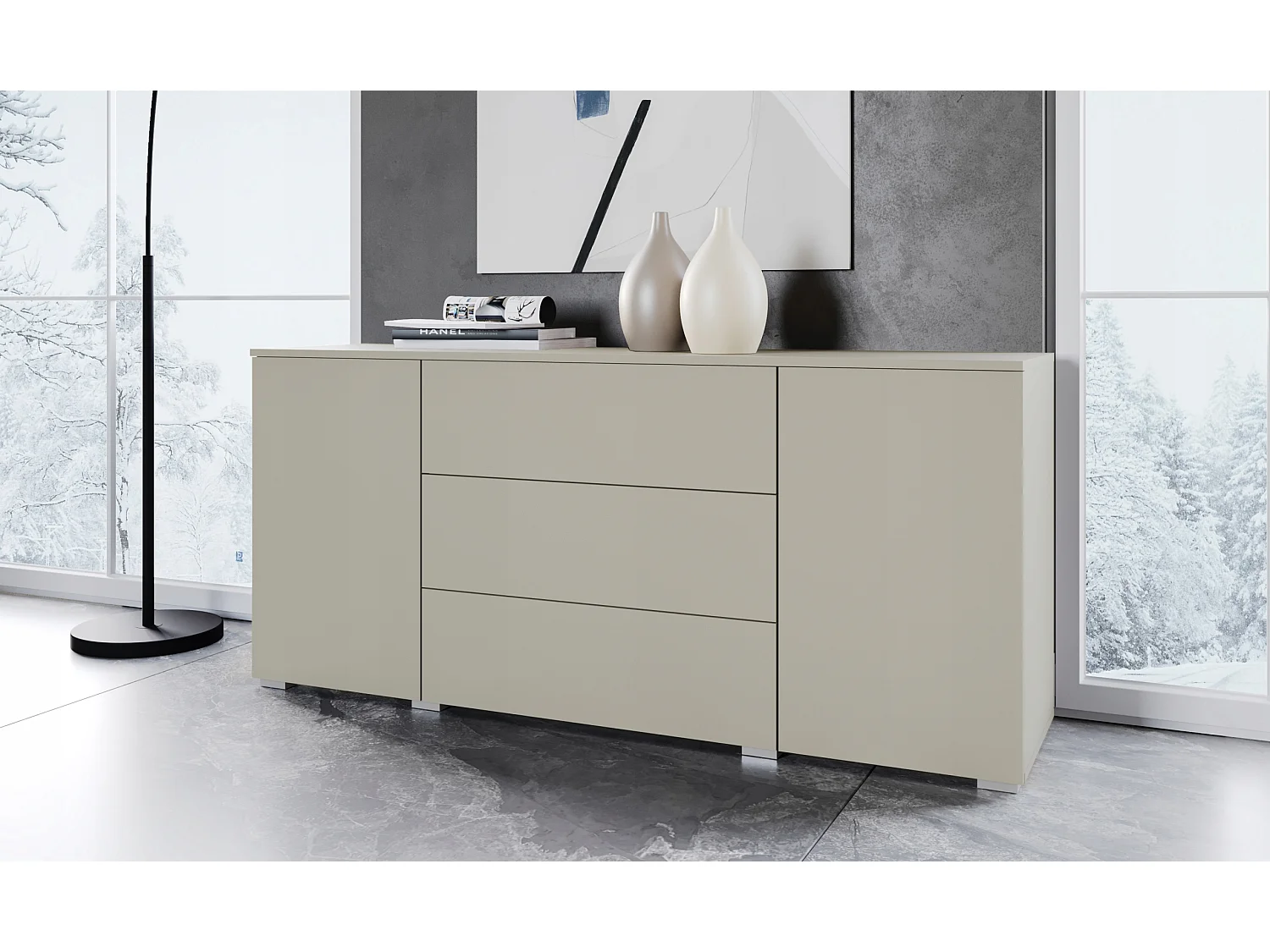 Commode moderne 150 cm pour salon – commode avec tiroirs et portes, beige cachemire mat