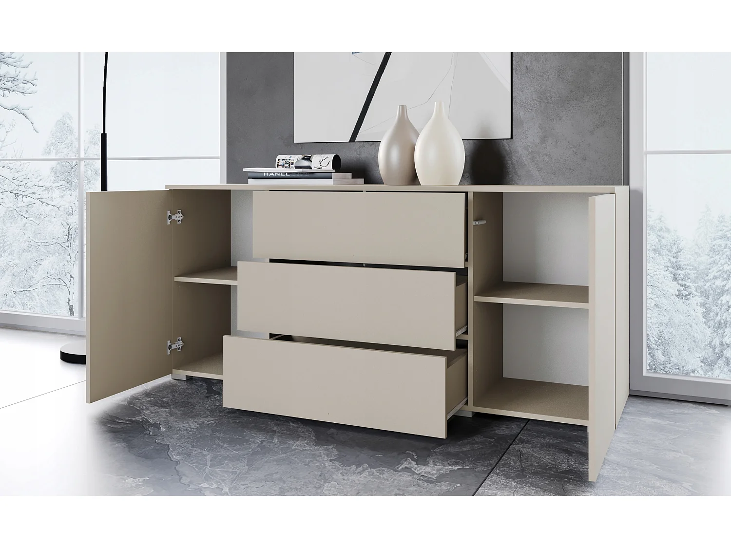 Aparador moderno 150 cm para salón – aparador con cajones y puertas, beige cachemira mate