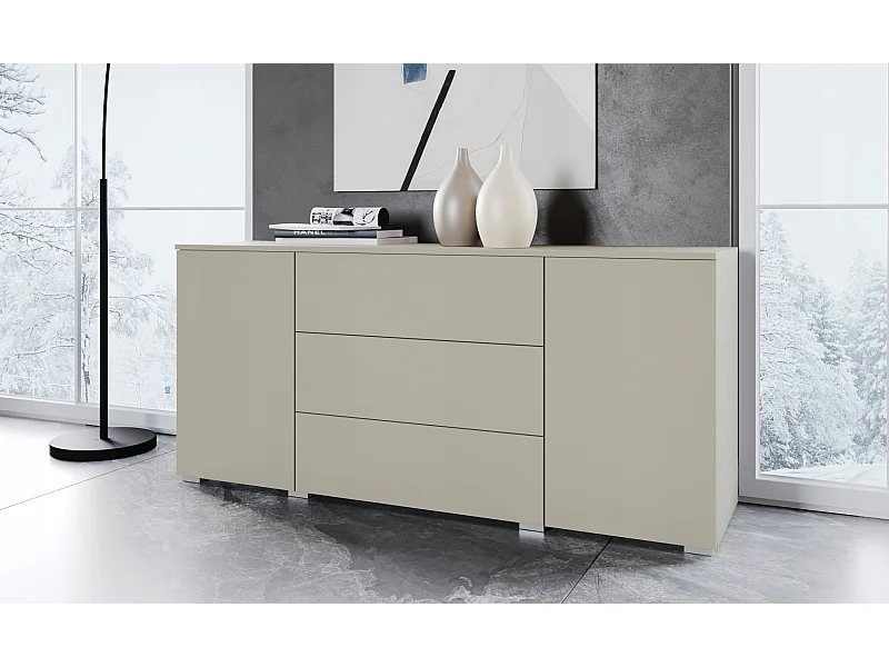 Commode moderne 150 cm pour salon – commode avec tiroirs et portes, beige cachemire mat