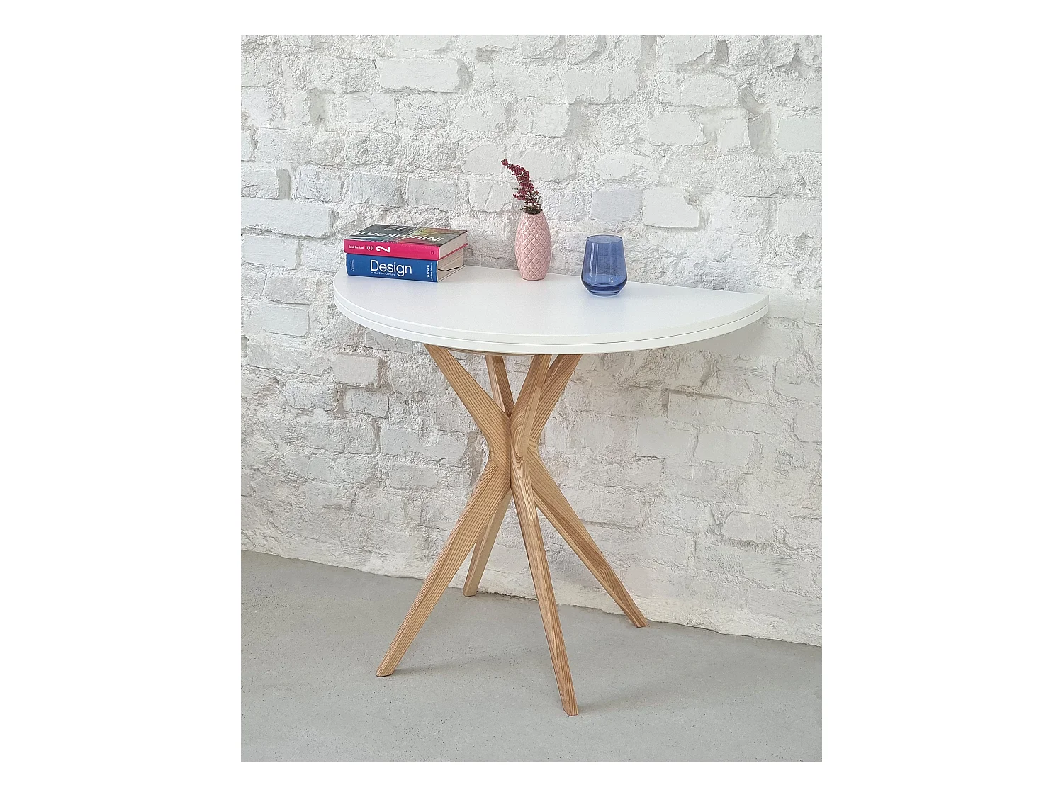 Table de salle à manger demi-ronde extensible 100 cm Jubi Blanche