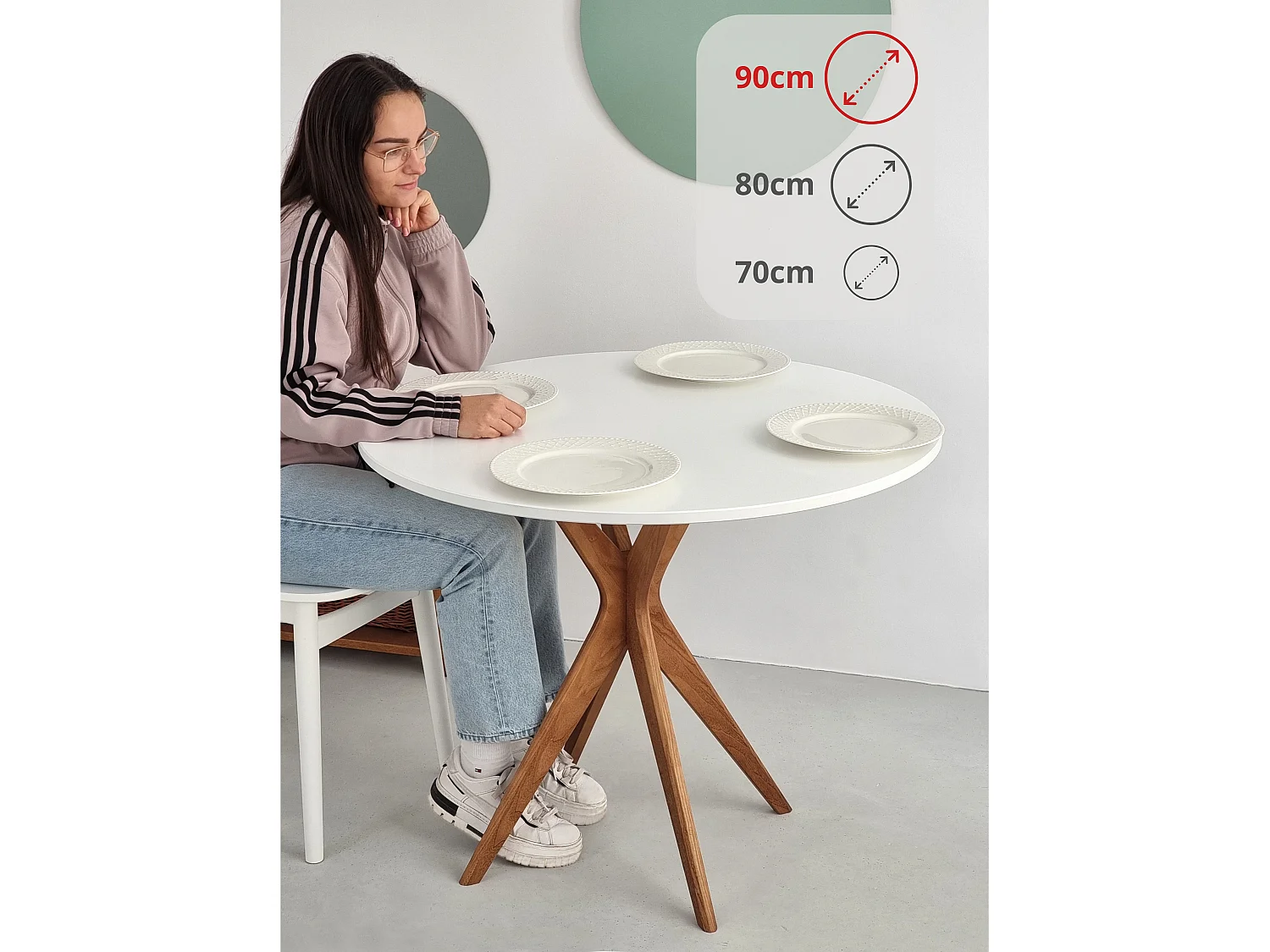 Runder Esstisch 90cm Jubi Beton Grau | Eschenbein in Eichenoptik