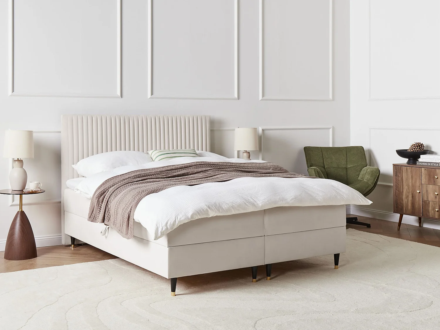 Lit boxspring avec rangement Velours DAME 160 x 200 cm Blanc cassé