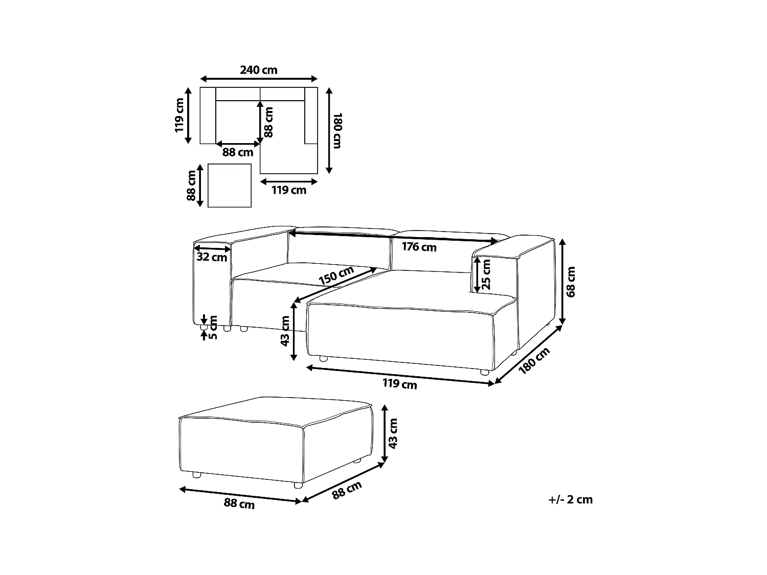 Canapé d'angle modulable 3 places ARDAL Velours côtelé Blanc cassé Côté droite