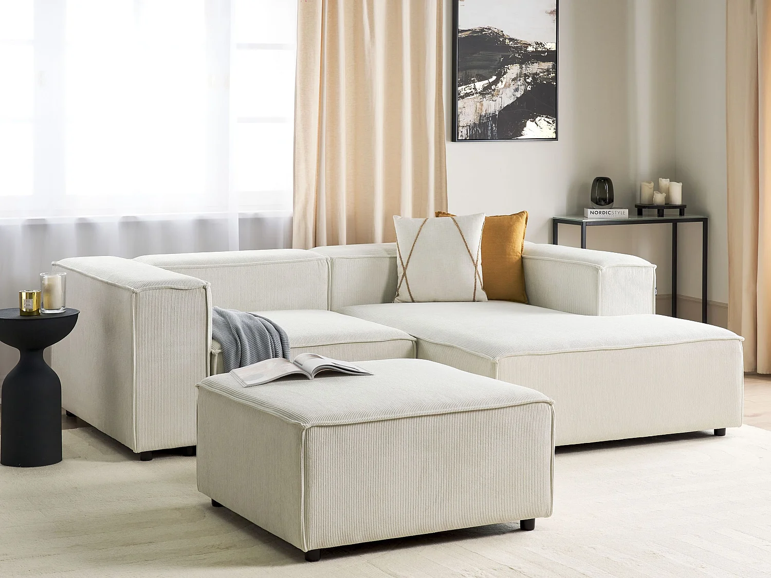 Canapé d'angle modulable 3 places ARDAL Velours côtelé Blanc cassé Côté droite