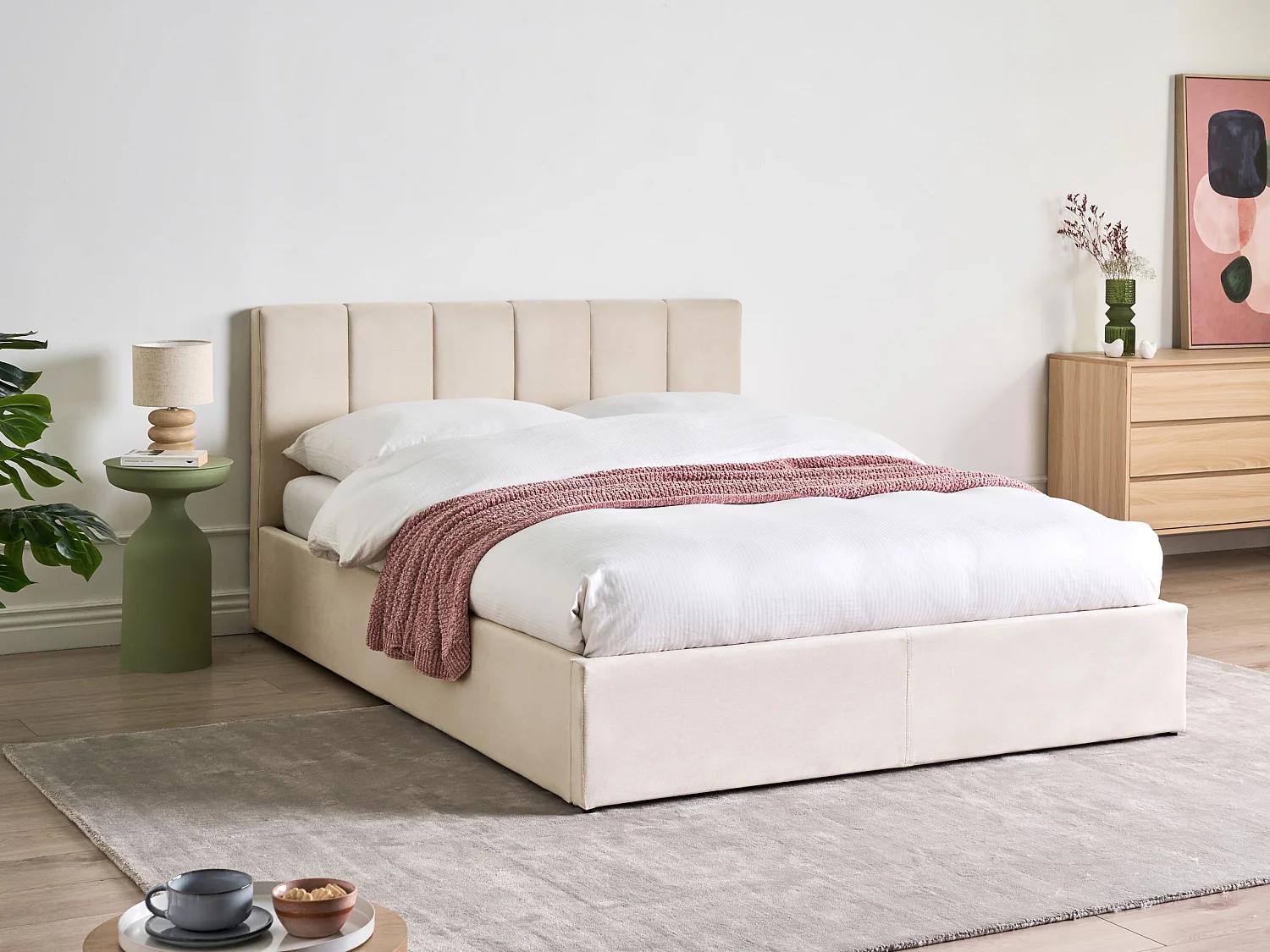 Lit ottoman Velours DREUX 140 x 200 cm Beige clair