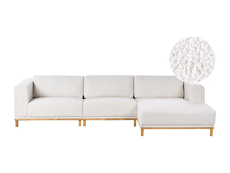 Canapé d\'Angle à droite 5 Places Moderne en Bouclé avec Accoudoirs Pieds en Bois Blanc Cassé Veng