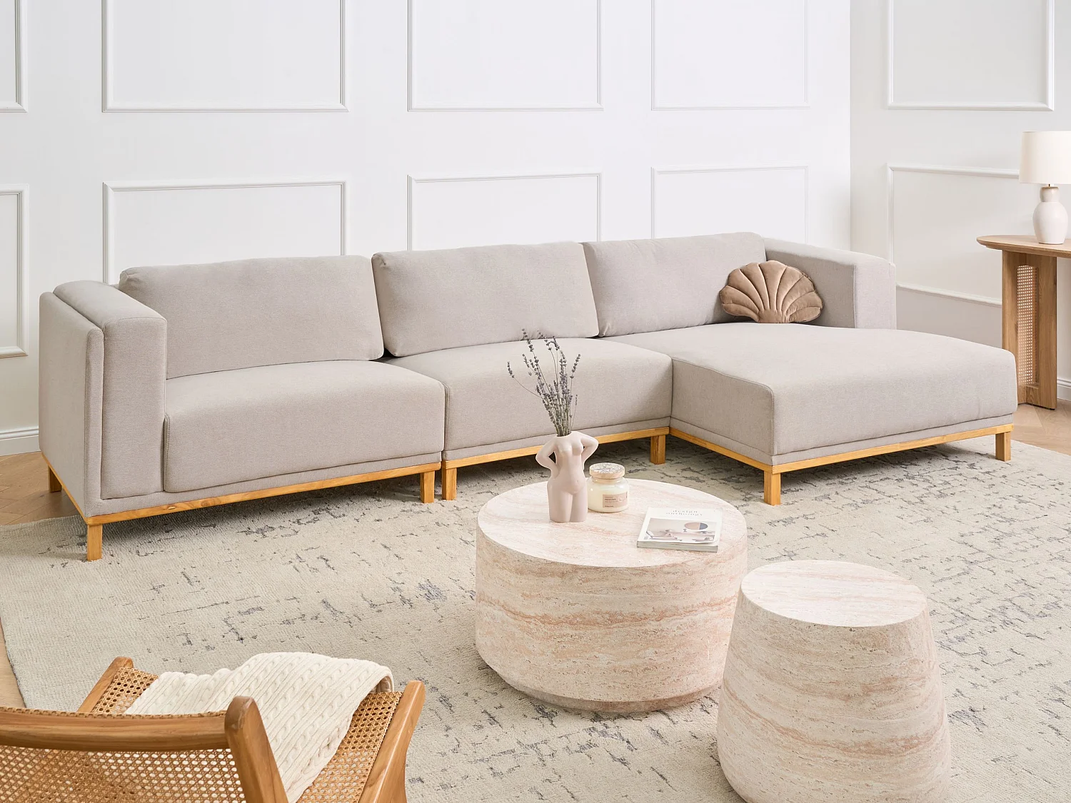 Canapé d'angle 5 places VENG Tissu Beige clair Côté droite